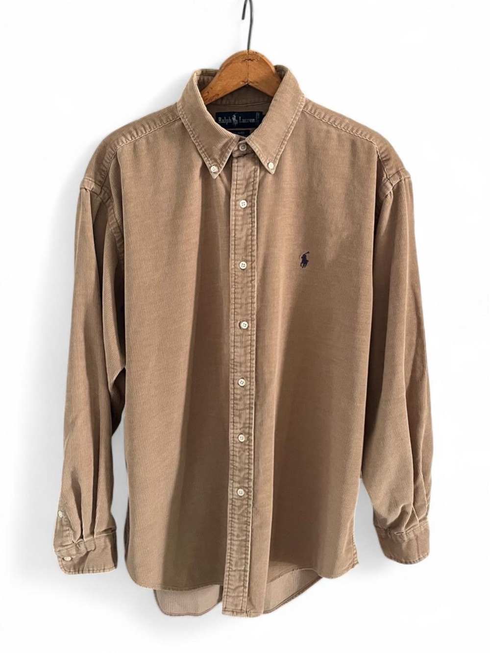 Vintage Ralph Lauren Men’s Button-Down Shirt in Brown with Navy Polo Logo